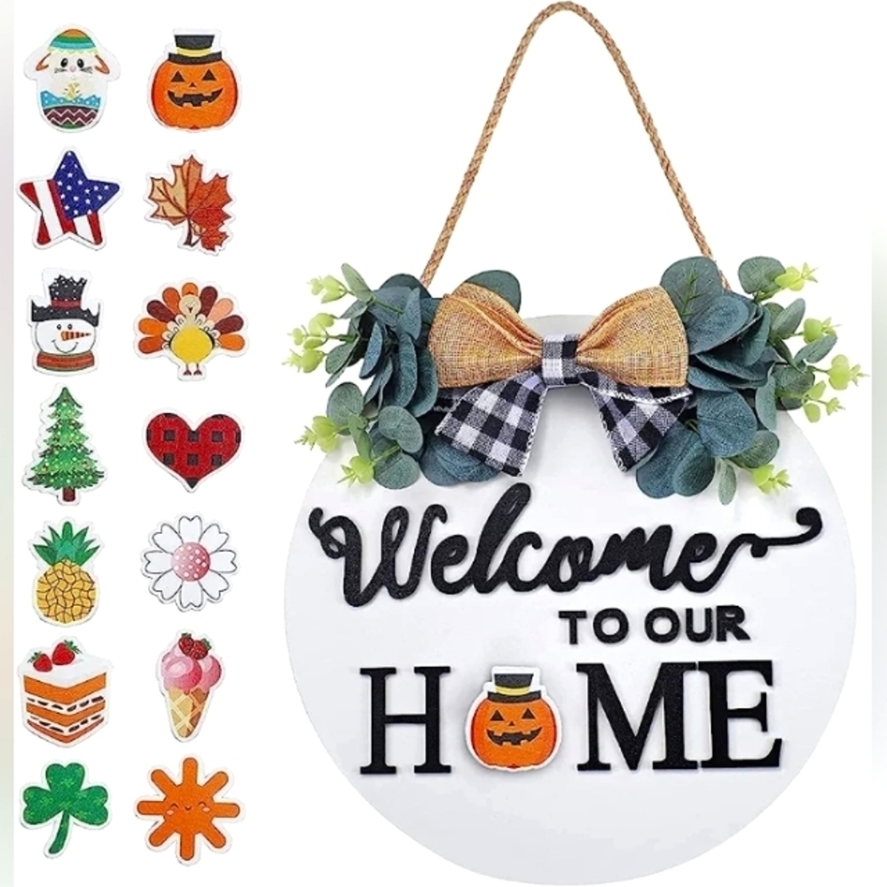 WELCOME TO OUR HOME WHITE INTERCHANGEABLE WOODEN SIGN DOORKNOCKER SIZE 12x12 NWT